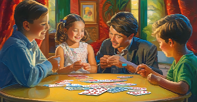 A young child performing a card trick, surrounded by smiling family members in a bright, cheerful setting.