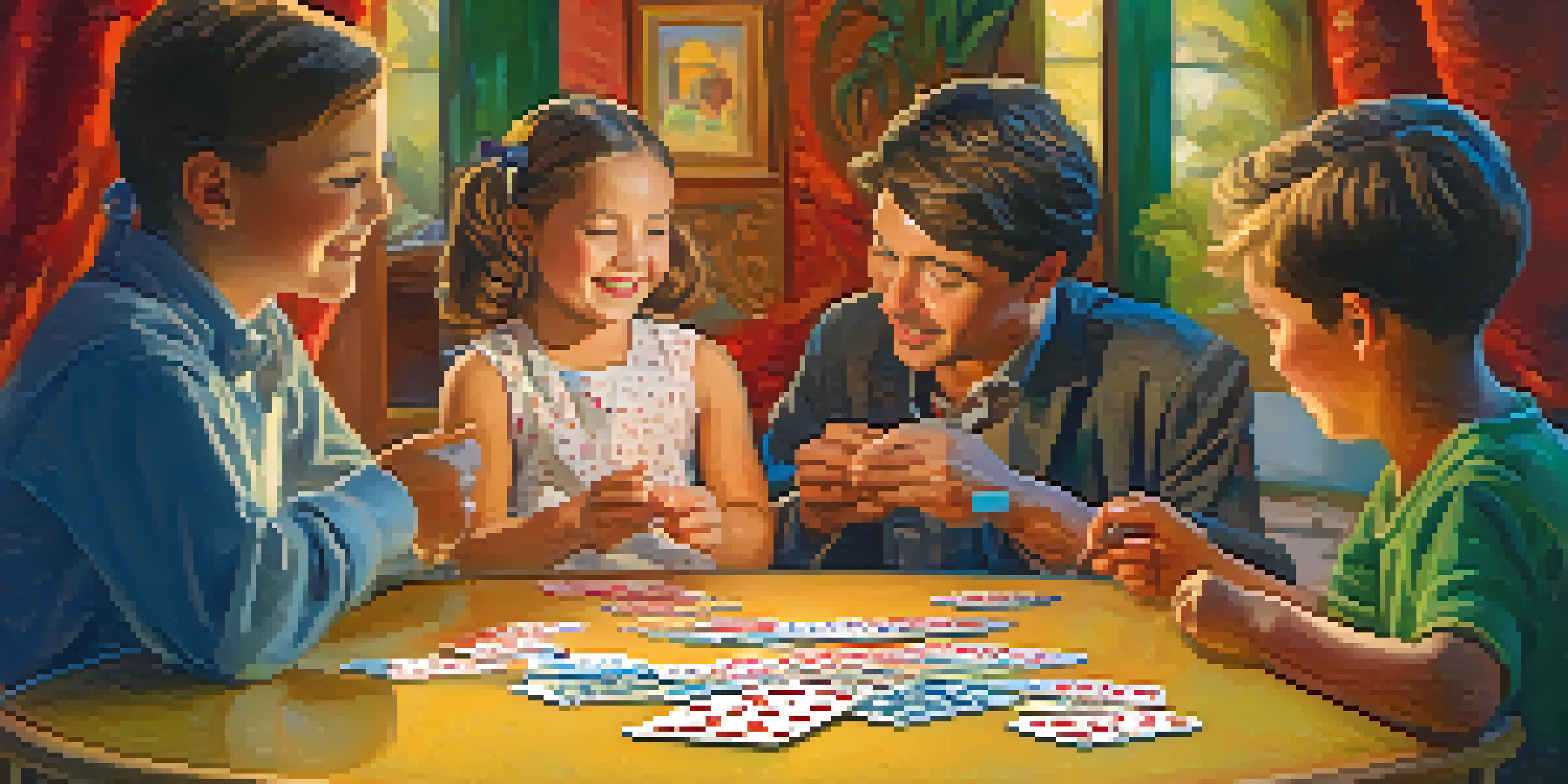 A young child performing a card trick, surrounded by smiling family members in a bright, cheerful setting.