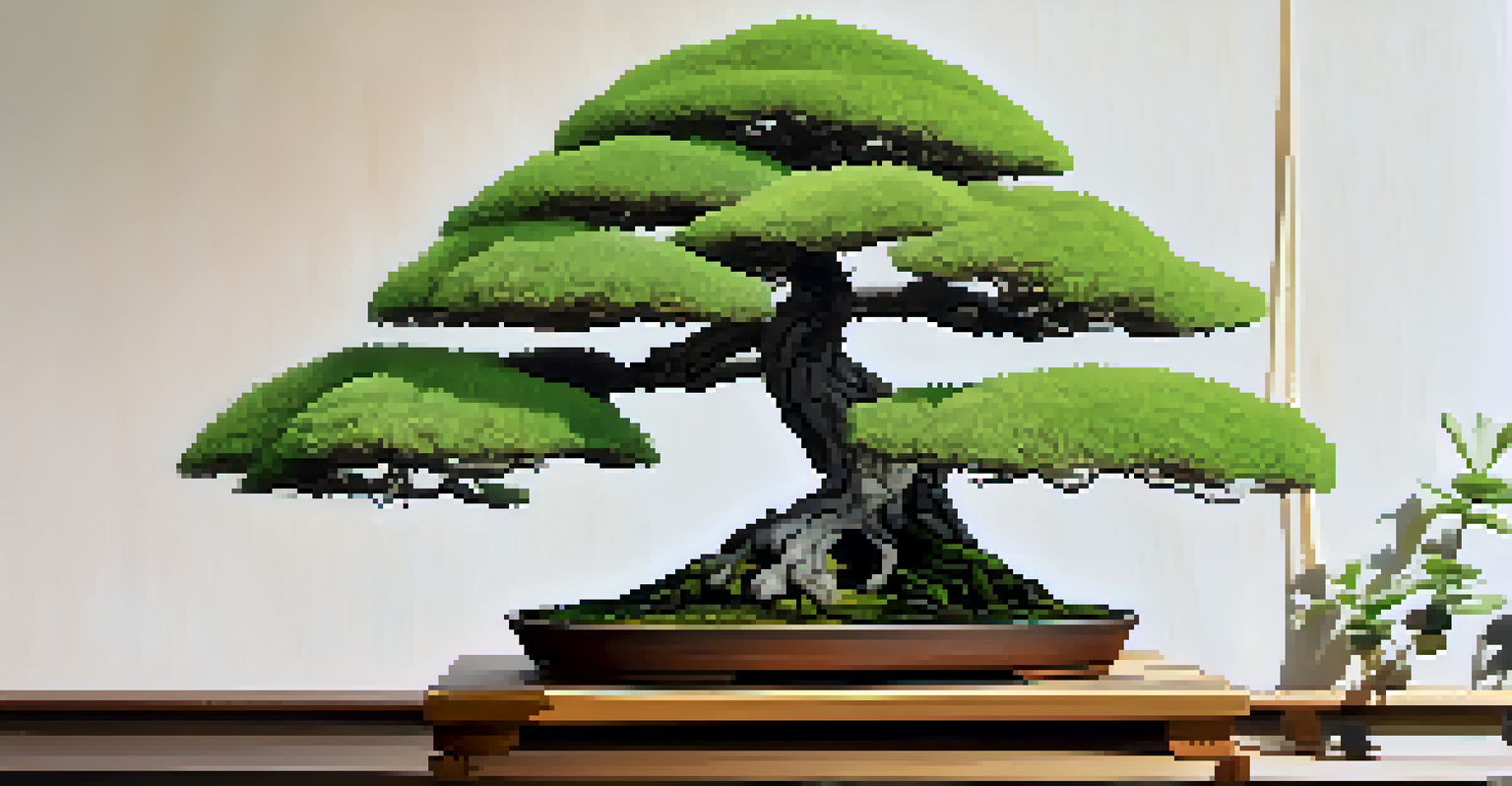 A close-up of a bonsai tree being pruned with sharp tools, highlighting the branches and leaves.