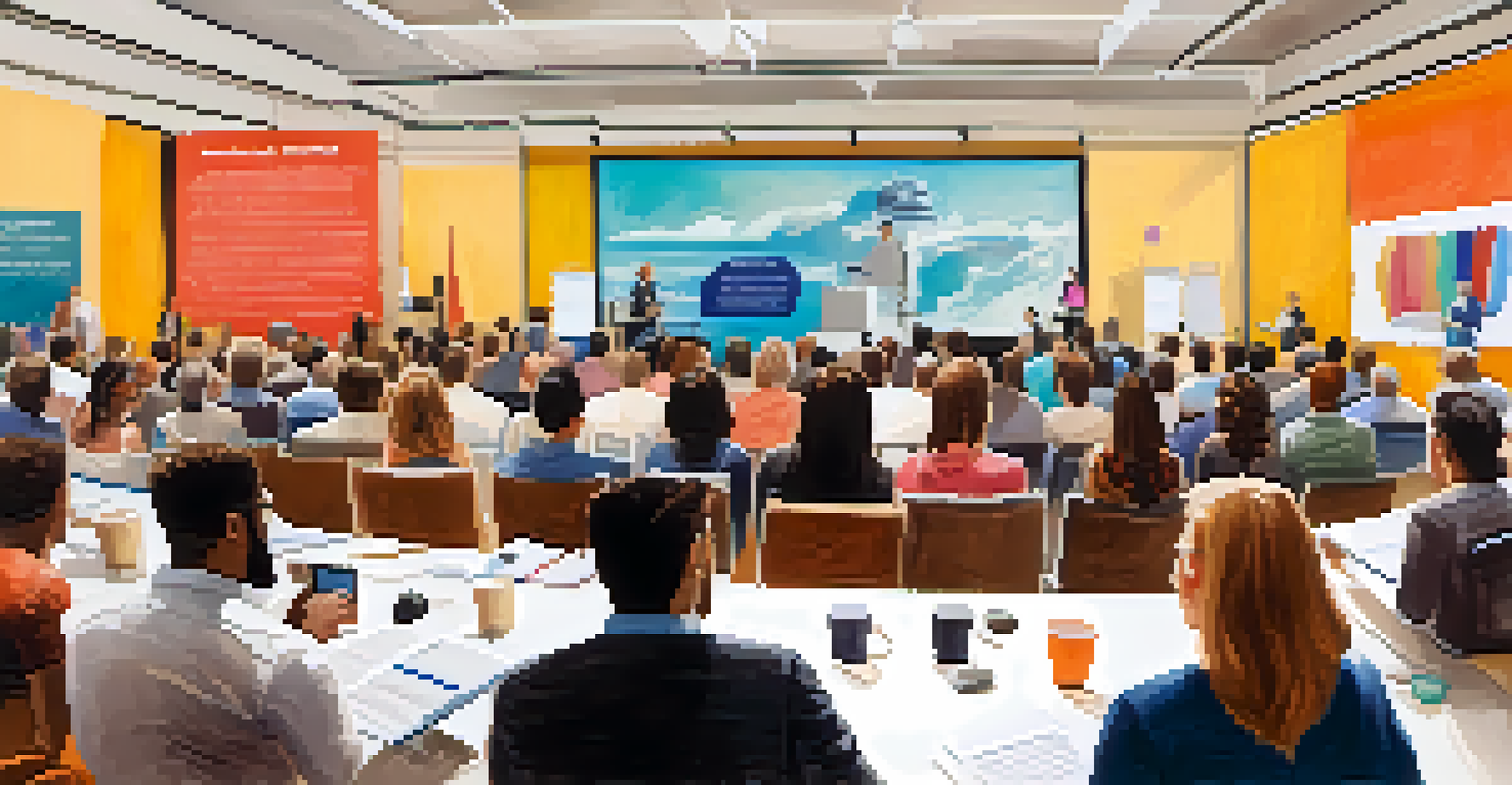 A conference room filled with travel bloggers attentively listening to a speaker at a travel blogging event.