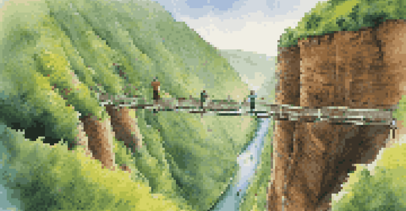 Aerial view of a bungee jumping platform above a green valley with a jumper descending.