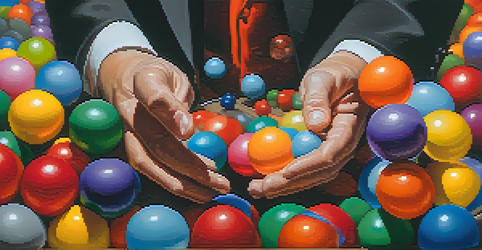 A close-up of a magician's hands juggling colorful balls, with a blurred audience watching in the background.