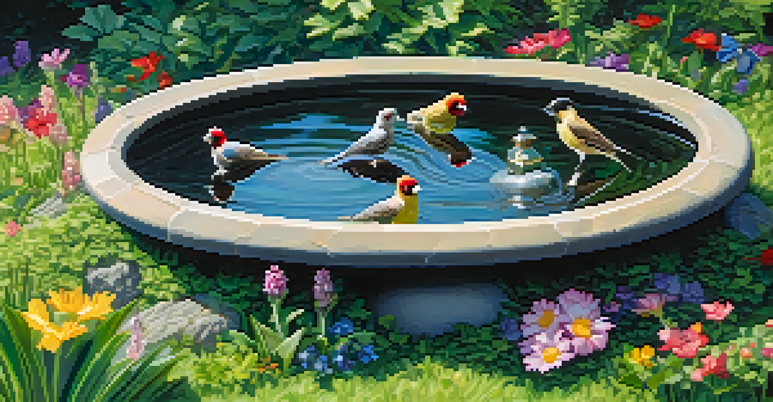 A close-up of a birdbath surrounded by lush plants and colorful flowers, with birds bathing and drinking in the water.
