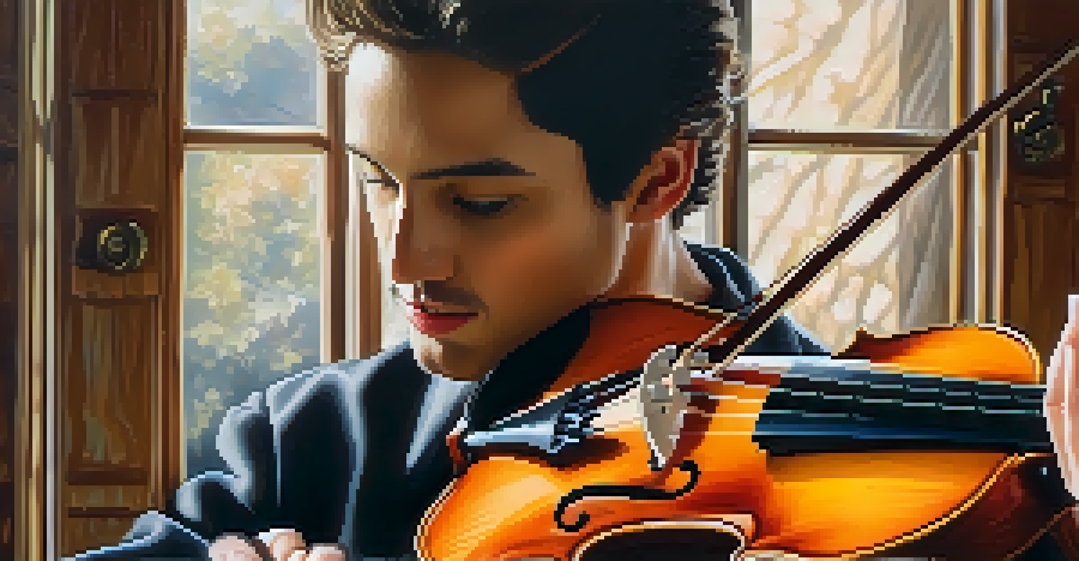 A close-up of a musician's hands playing a violin, showcasing the violin's wood grain and the musician's fingertips in soft natural light.