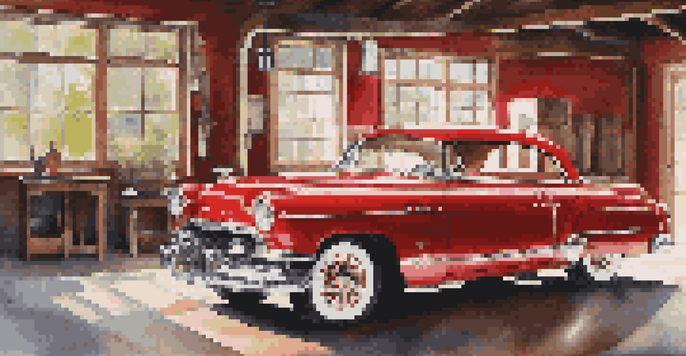 A restored classic car in a sunlit garage, showcasing its vibrant red paint and gleaming chrome.