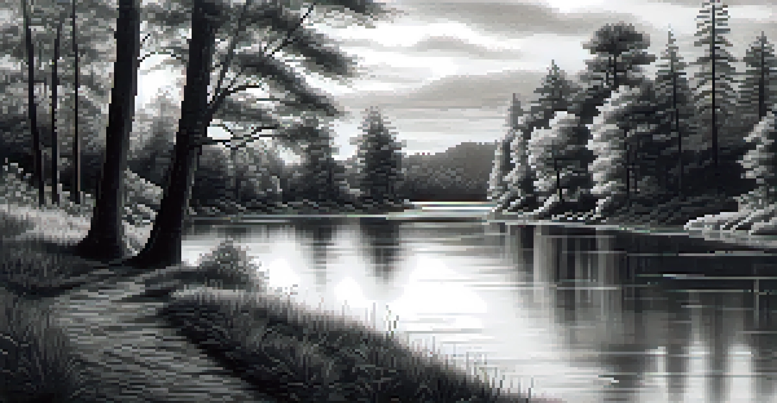A charcoal drawing of a tranquil landscape with a river flowing through a forest, showcasing soft shading in the trees and bold outlines for the riverbank under a dramatic sky.