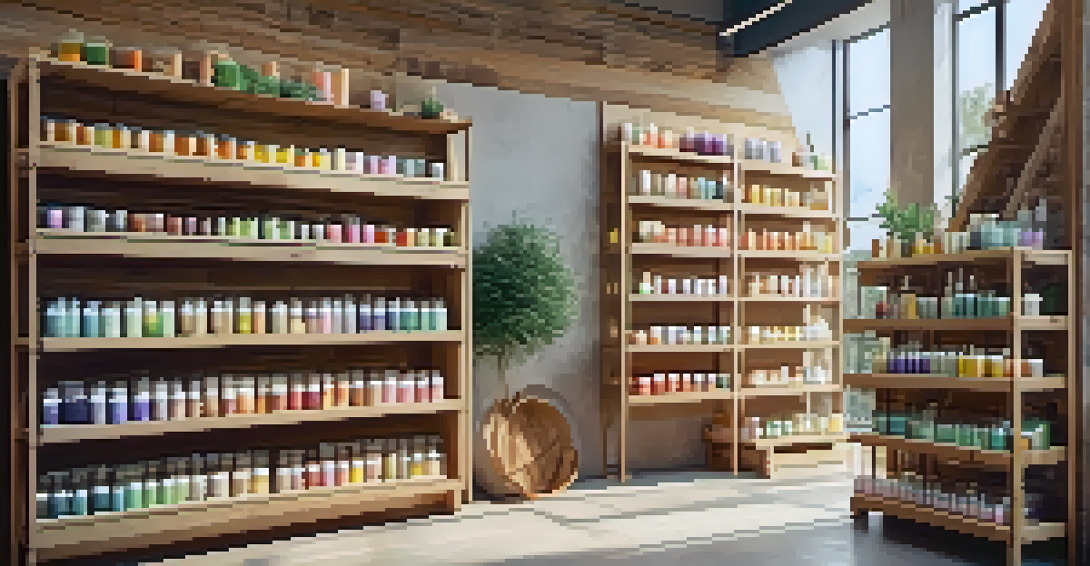 A modern soap-making studio showcasing artisanal soaps on wooden shelves, with plants and eco-friendly packaging in a bright and inviting atmosphere.