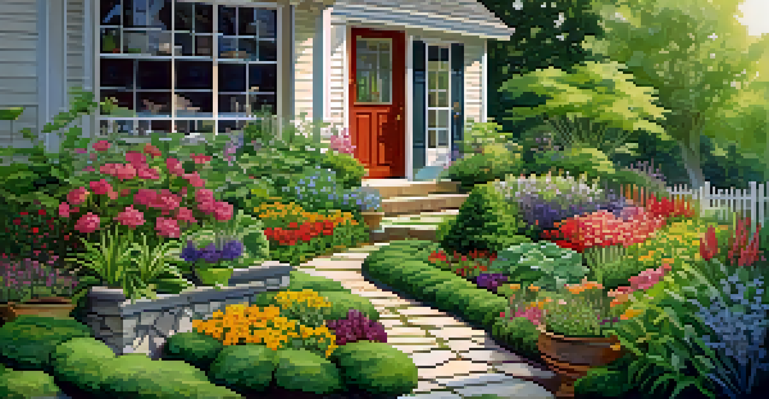 A front yard beautifully designed with a mix of vegetables and flowers, including a pond and stone pathways under bright sunlight.