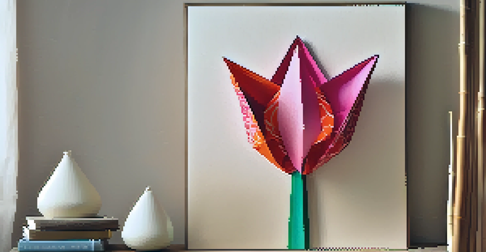 A colorful origami tulip in a wooden vase, showcasing intricate paper folds and patterns under soft natural light.