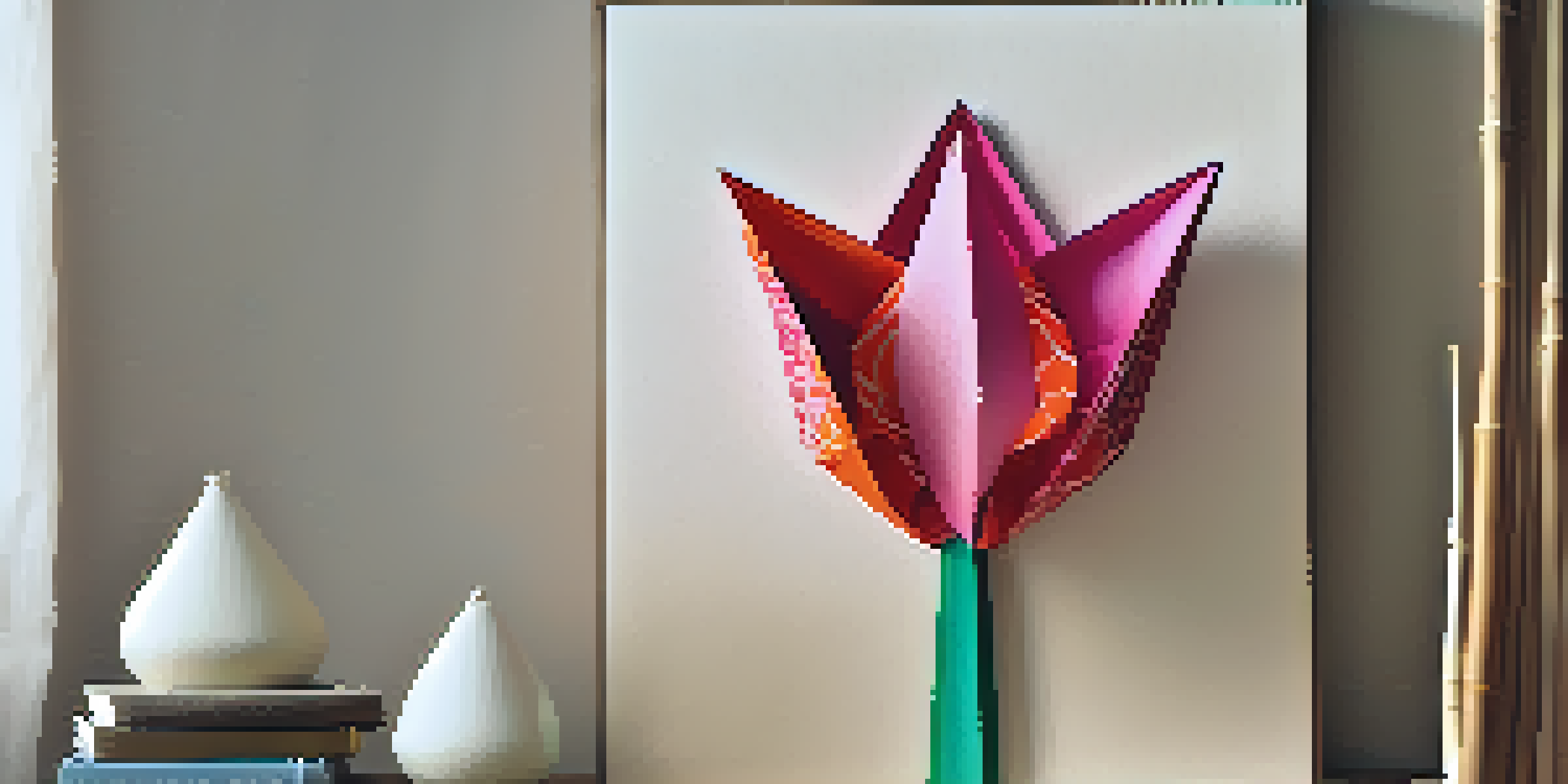 A colorful origami tulip in a wooden vase, showcasing intricate paper folds and patterns under soft natural light.