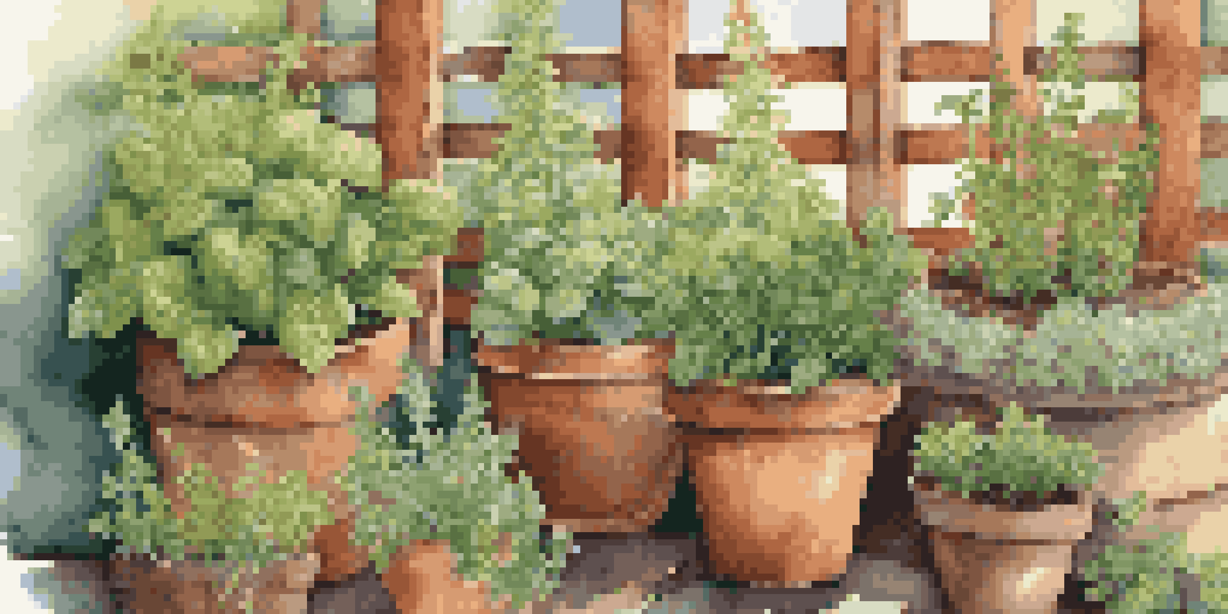 A vibrant herb garden with various herbs in terracotta pots, sunlight illuminating the scene.