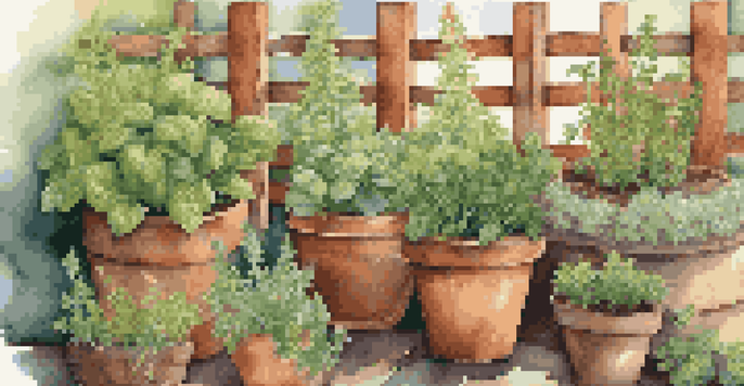 A vibrant herb garden with various herbs in terracotta pots, sunlight illuminating the scene.