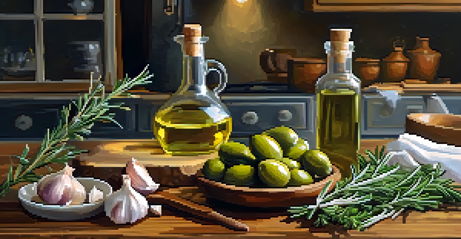 A kitchen scene featuring herb-infused olive oil in a bottle with rosemary and garlic on a wooden table, bathed in warm light.