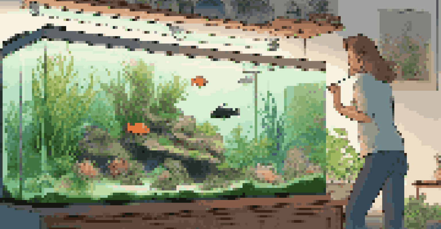 A living room scene with a beautifully arranged aquarium and a person adjusting the CO2 system.
