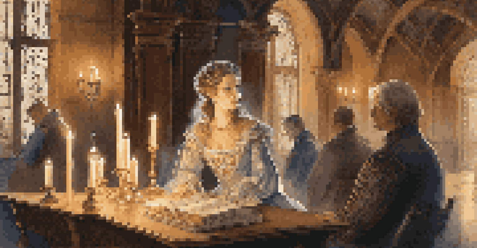 A medieval woman in an ornate gown seated at a candlelit table surrounded by scrolls and books, engaged in discussion with other women.