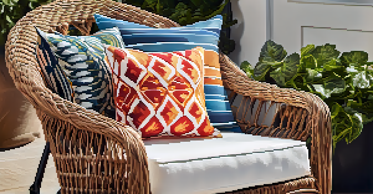 A close-up of a vibrant outdoor cushion on a wicker chair, with a sunny patio and plants in the background.