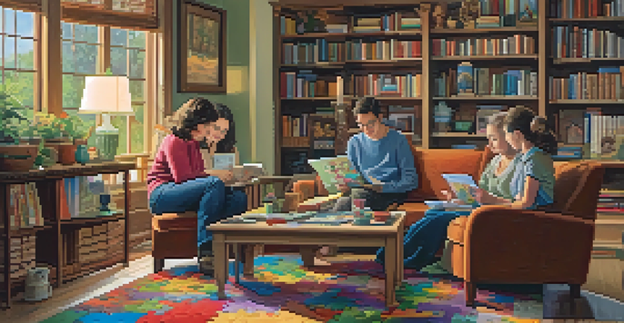A family working together on a jigsaw puzzle in a cozy living room, with warm lighting and decorated shelves.
