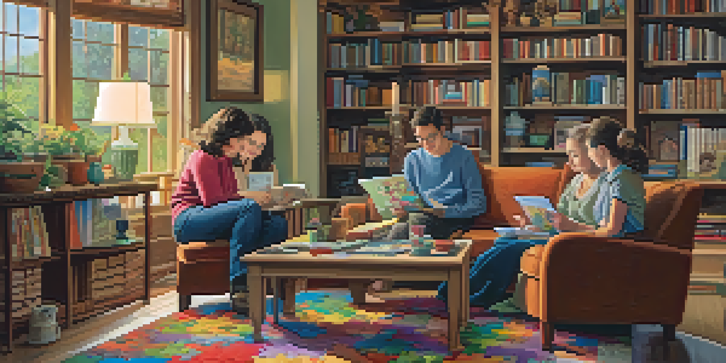 A family working together on a jigsaw puzzle in a cozy living room, with warm lighting and decorated shelves.