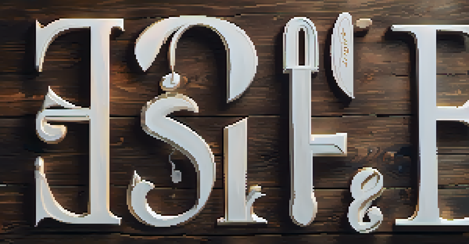 A collection of calligraphy letter examples in various styles on a rustic wooden surface, with colorful ink bottles in the background.