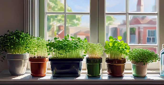 An indoor garden with various microgreens on a sunny windowsill, showcasing different containers and gardening tools.