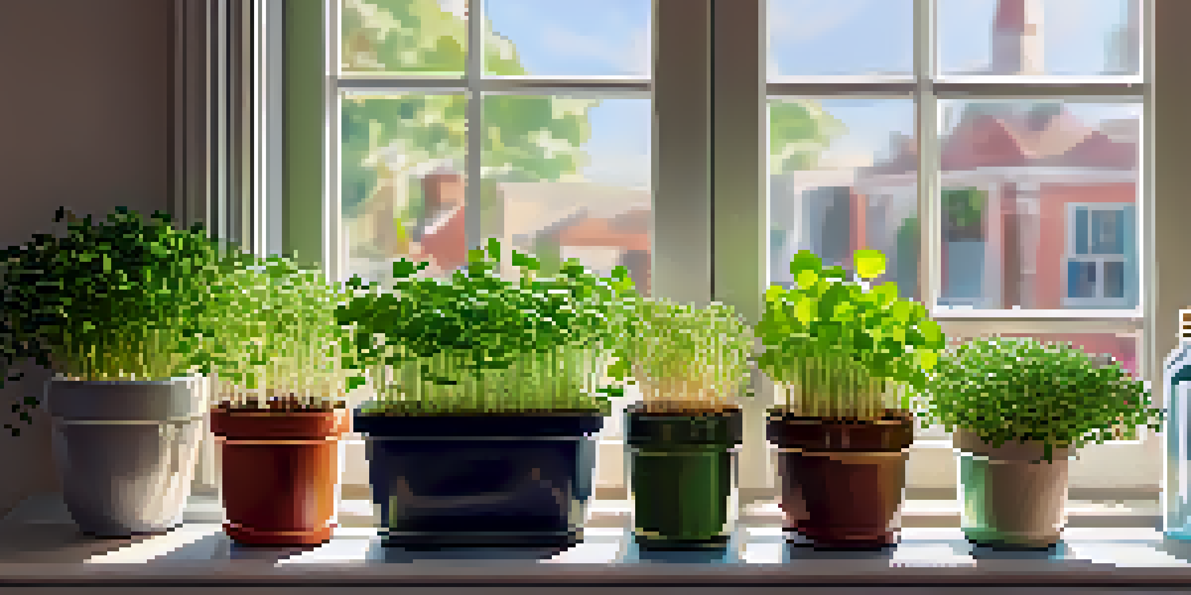An indoor garden with various microgreens on a sunny windowsill, showcasing different containers and gardening tools.