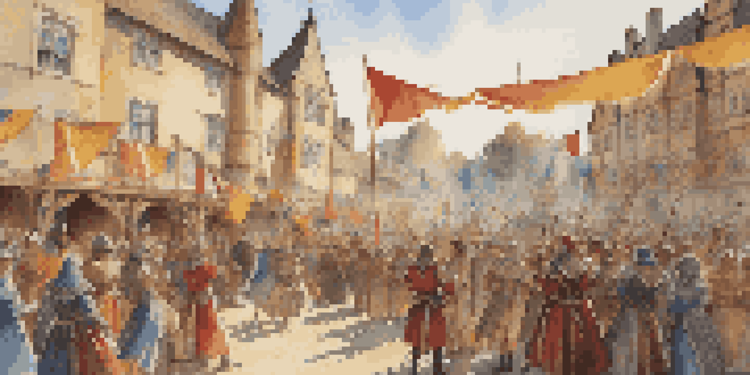 A lively medieval festival with participants in costumes engaging in archery, surrounded by colorful banners and a warm sunlight.