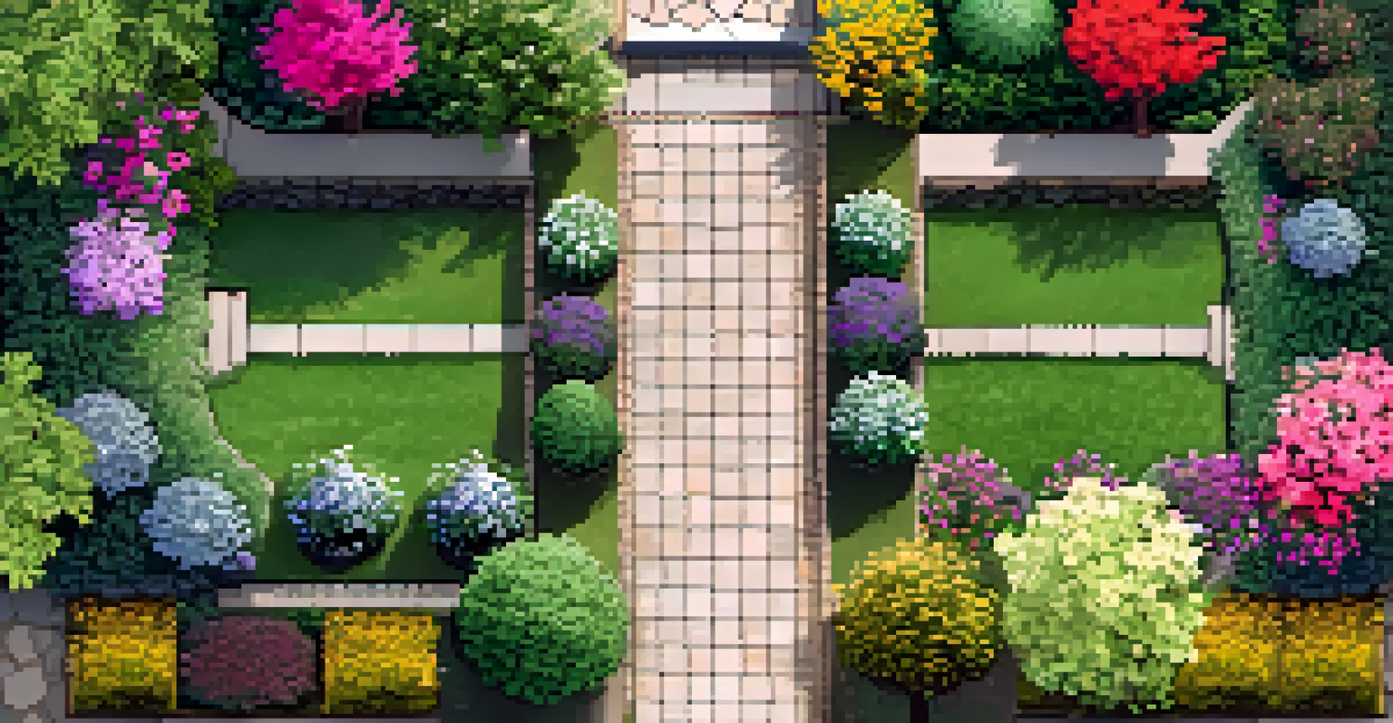 An overhead view of a vibrant garden layout with various plants, pathways, and hardscapes, showcasing seasonal blooms and greenery.