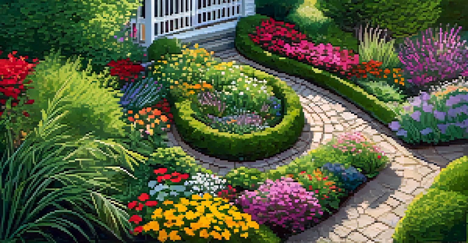 An overhead view of a colorful and organized garden with various plants and a defined path.