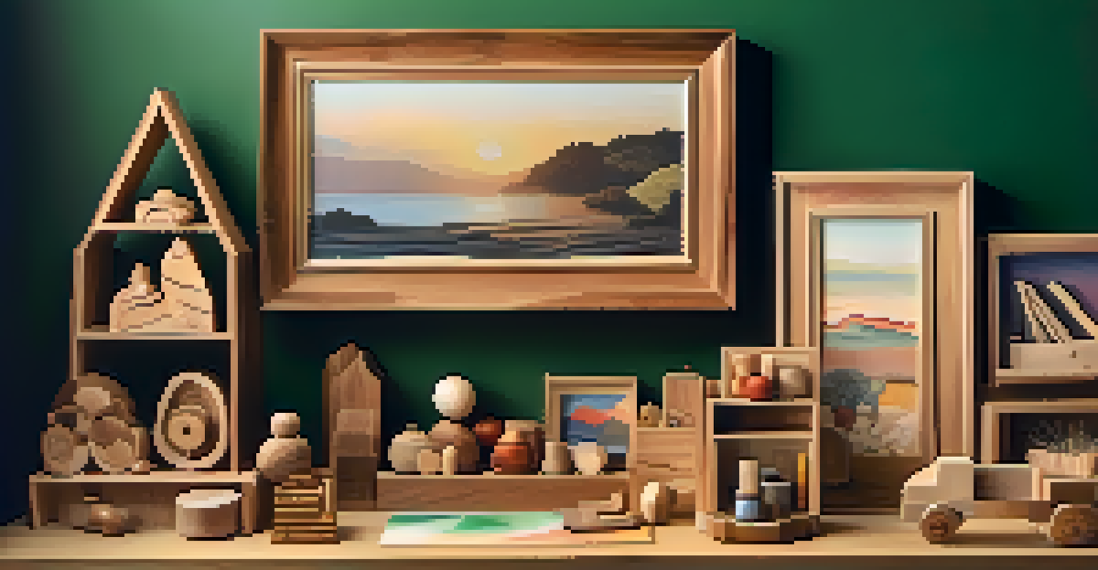 A table showcasing unique handmade wooden creations, including a picture frame, shelf, and toy, decorated with paint and natural elements.