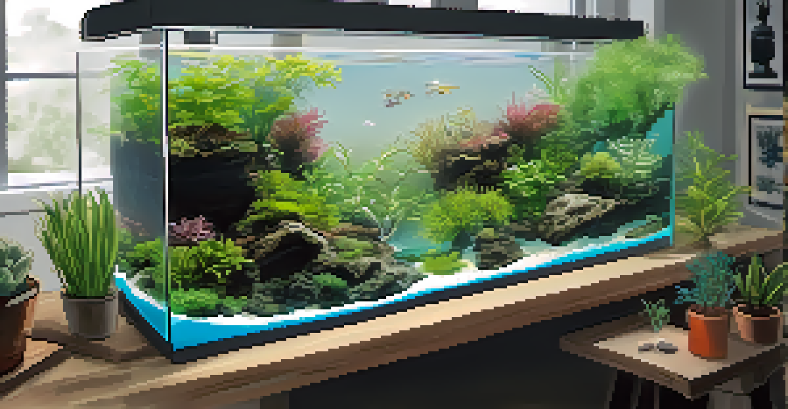 An overhead view of an aquascape planning setup with a sketch and a partially filled aquarium.
