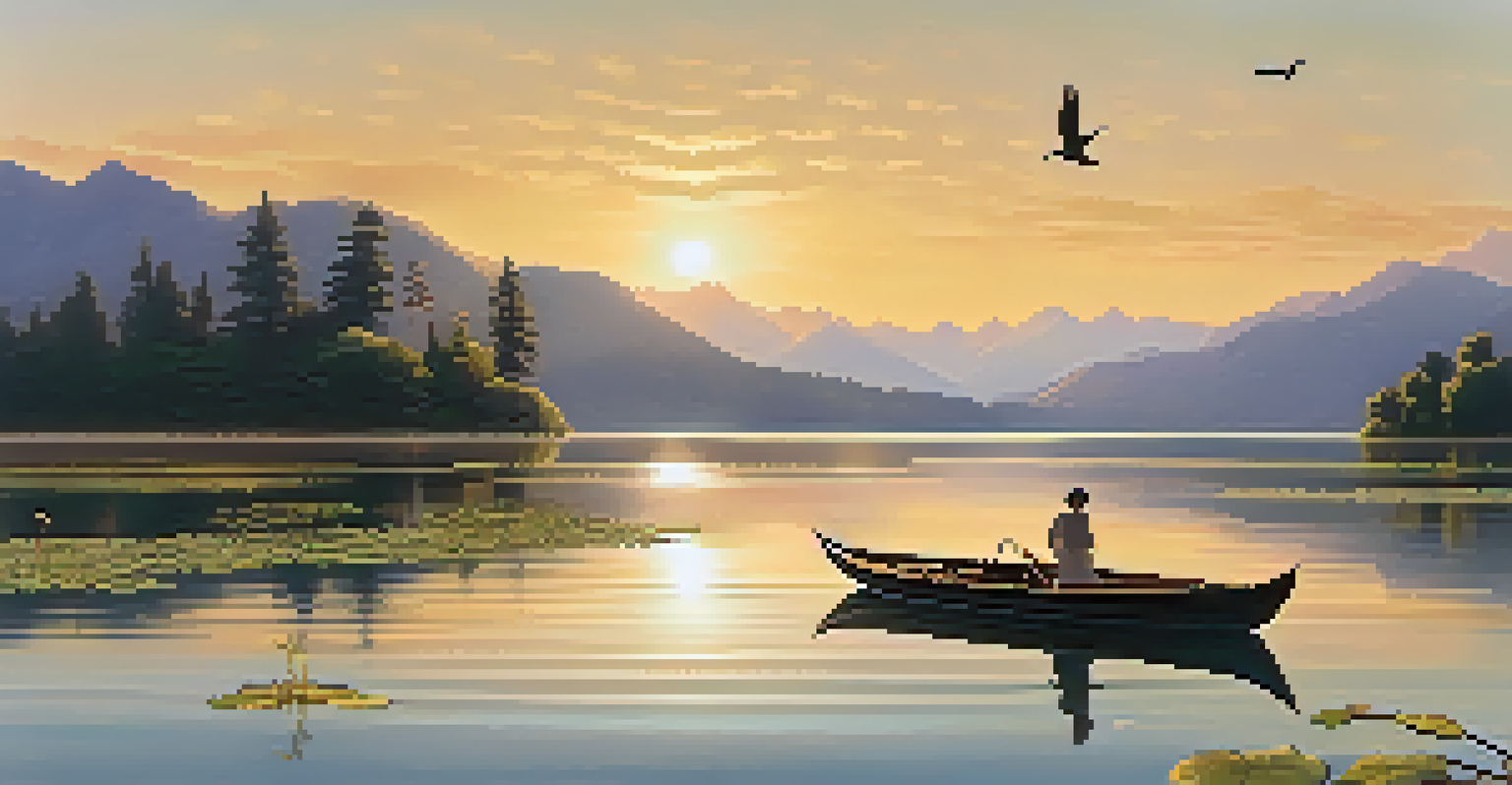 A tranquil lake surrounded by greenery and mountains at sunset, with a boat floating on the water.