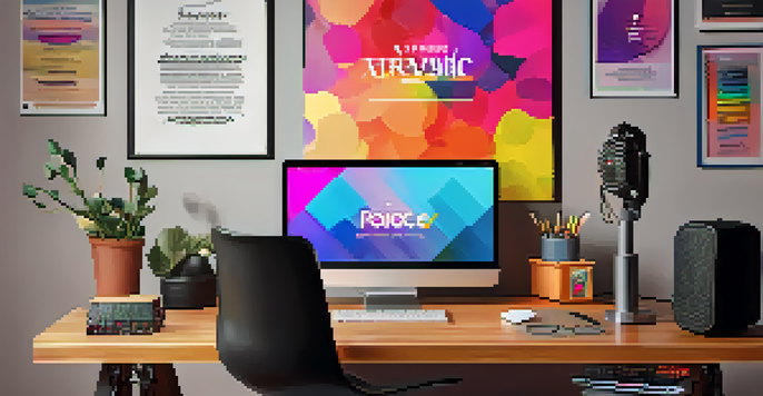 A lively podcast studio featuring a colorful microphone, headphones, and soundproof panels, illuminated by bright ambient lighting with a laptop showing podcast editing software.