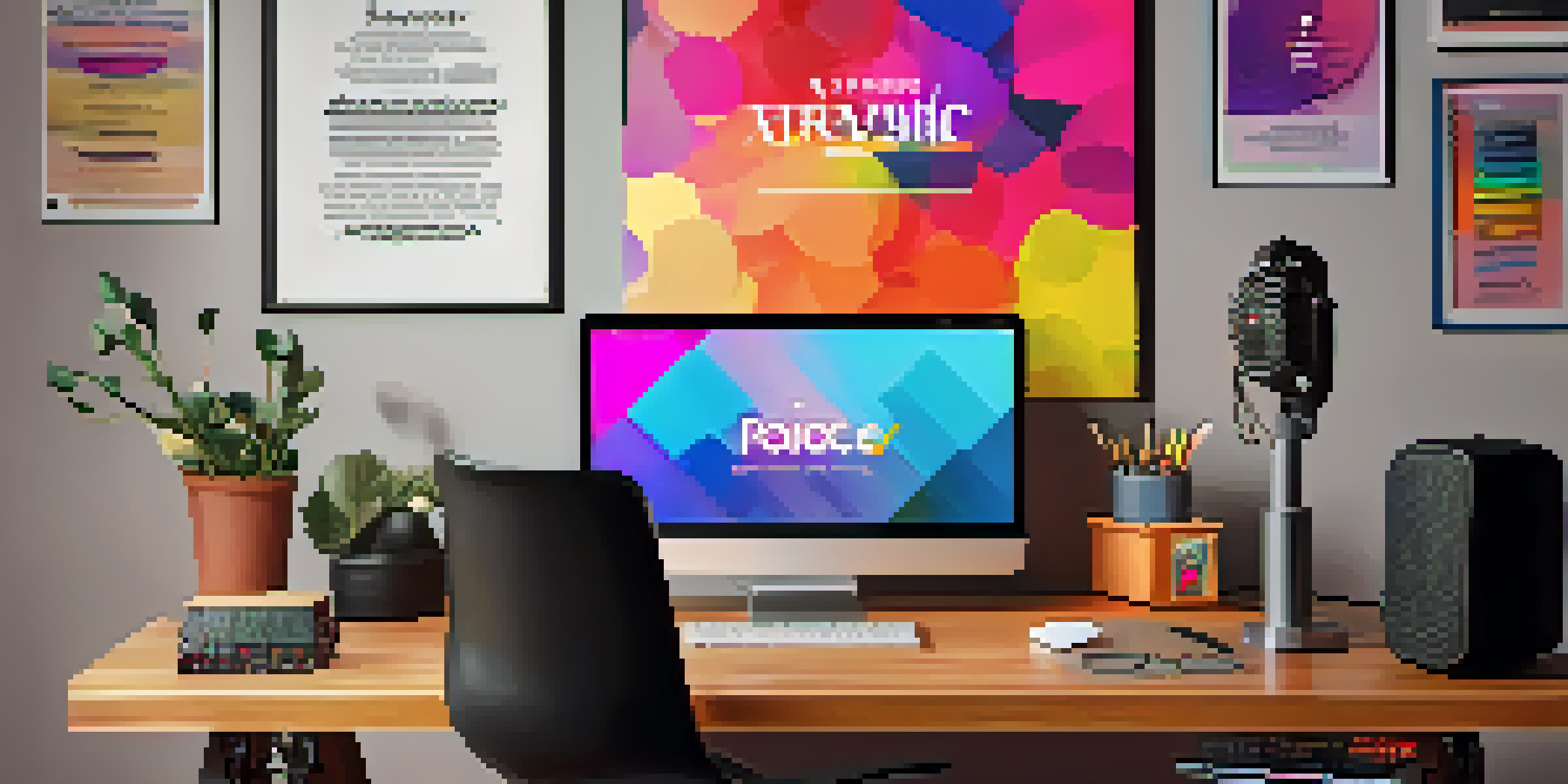 A lively podcast studio featuring a colorful microphone, headphones, and soundproof panels, illuminated by bright ambient lighting with a laptop showing podcast editing software.