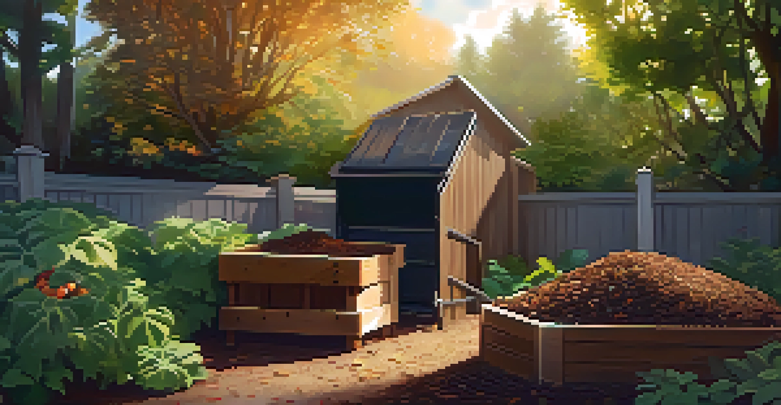 A composting area in a garden with vegetable scraps and leaves in a wooden bin, sunlight filtering through the trees.