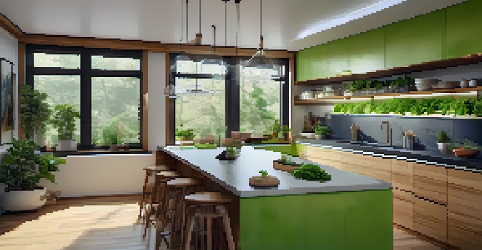 An eco-friendly kitchen with energy-efficient appliances and bamboo cabinetry, filled with natural light and a small indoor herb garden.
