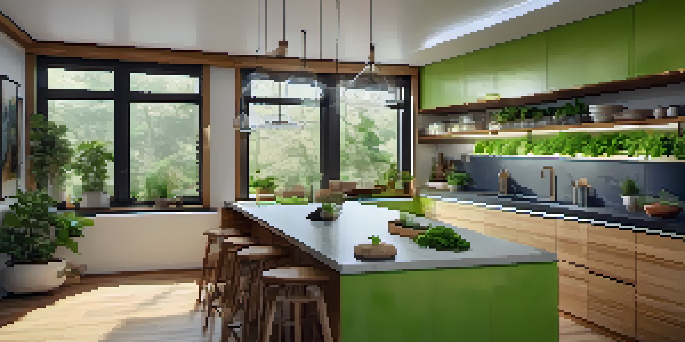 An eco-friendly kitchen with energy-efficient appliances and bamboo cabinetry, filled with natural light and a small indoor herb garden.