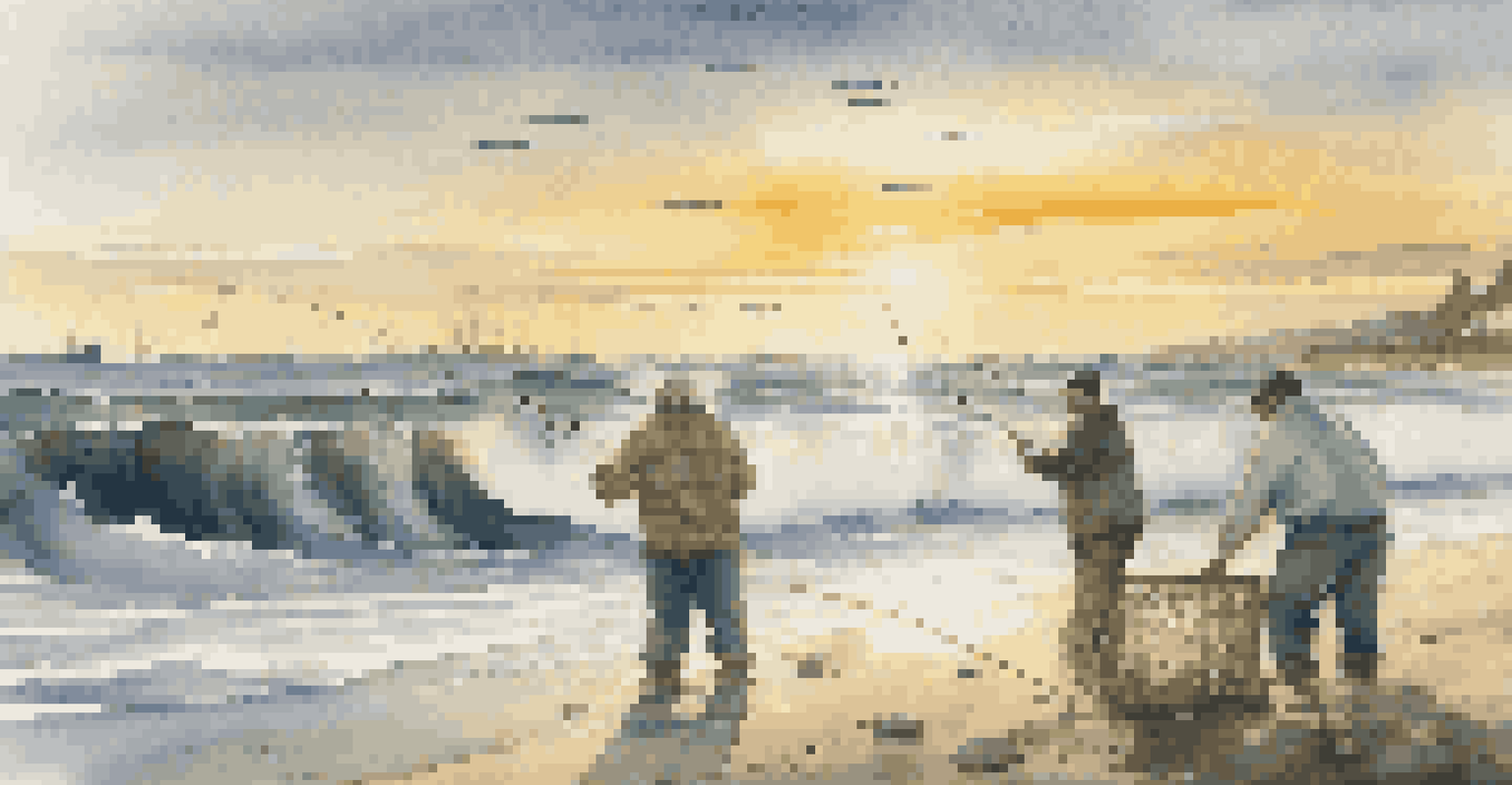 Fishermen on the shore at sunset, casting lines as striped bass swim beneath the surface of the ocean.