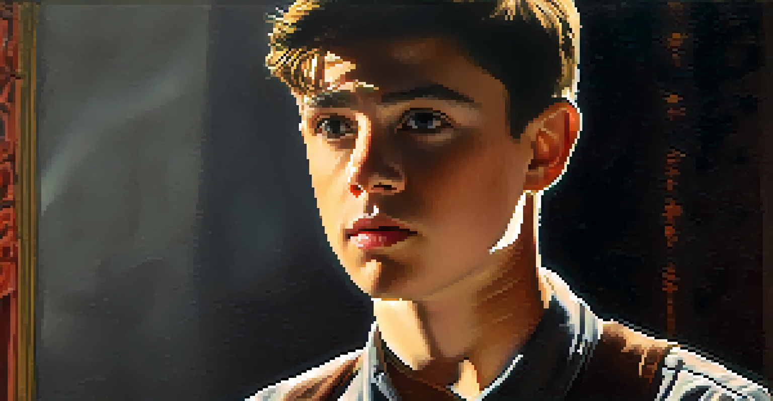A close-up of a young actor on stage showing intense emotions during a climactic moment, with dramatic lighting.