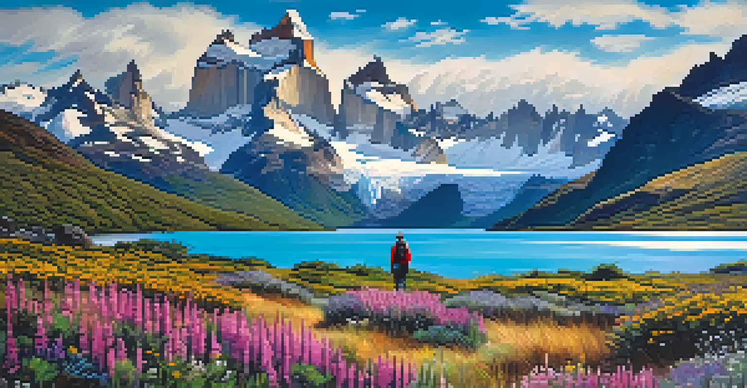A stunning landscape of Patagonia with mountains, glaciers, and wildflowers.
