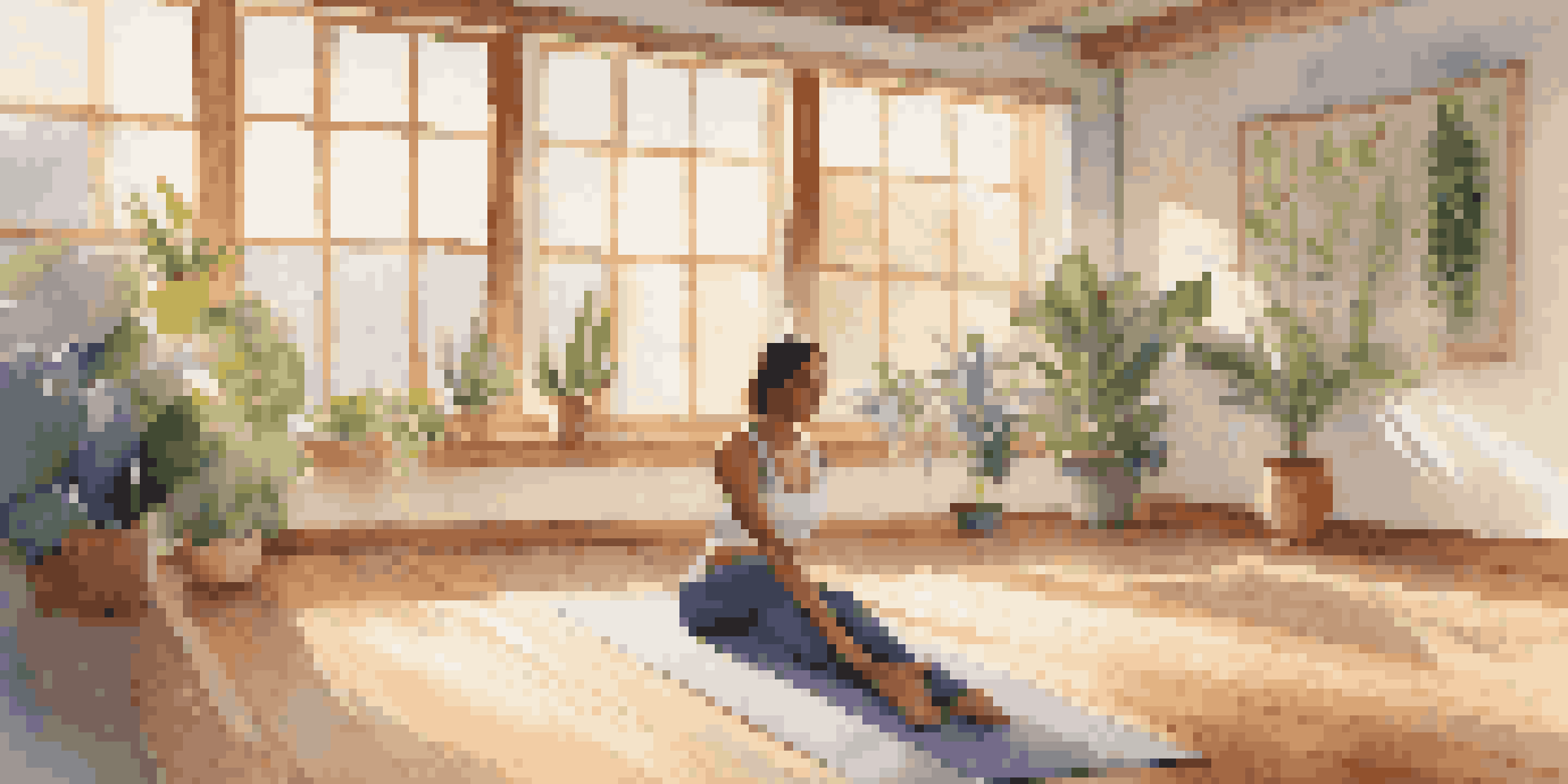 A person in a yoga studio practicing Downward Facing Dog pose, surrounded by plants and natural light.