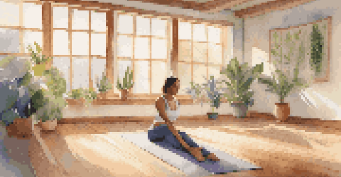A person in a yoga studio practicing Downward Facing Dog pose, surrounded by plants and natural light.