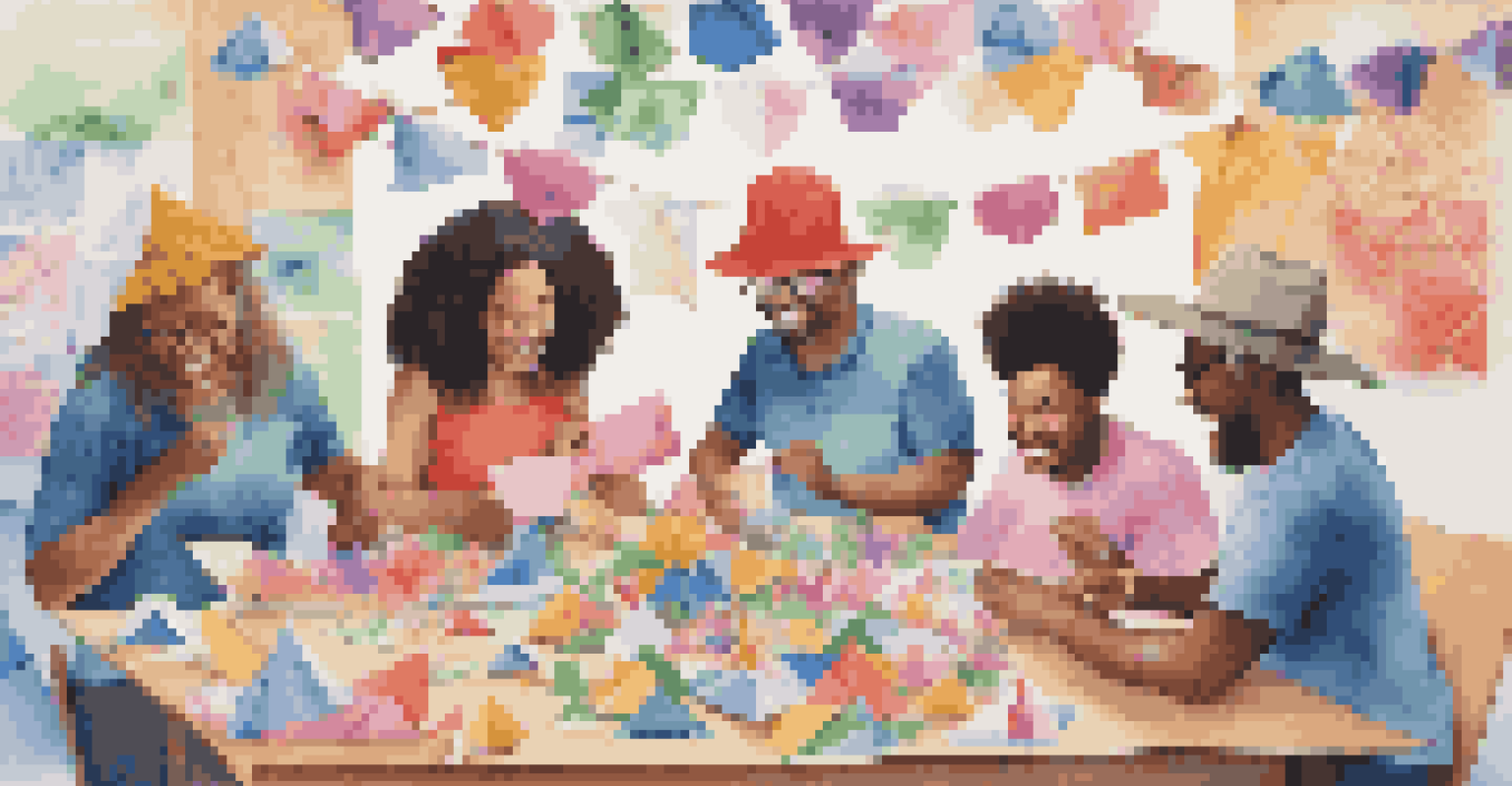 A diverse group of people happily working together on origami projects at a community event, showcasing various colorful creations.