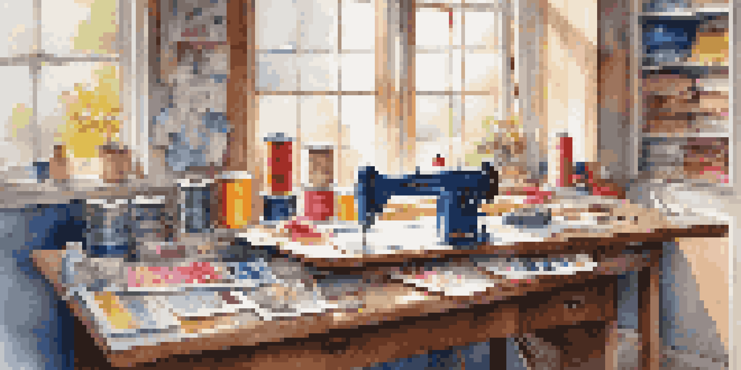 A well-organized sewing workspace with colorful sewing patterns, measuring tools, and a sewing machine, illuminated by natural light.