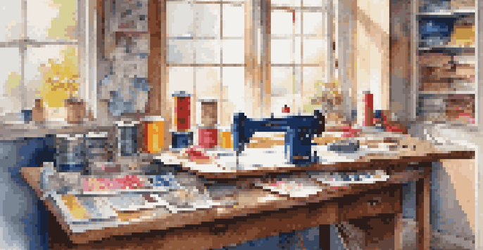 A well-organized sewing workspace with colorful sewing patterns, measuring tools, and a sewing machine, illuminated by natural light.