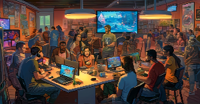 A diverse group of gamers in a cozy room, discussing gaming topics while looking at a computer screen showing Reddit.