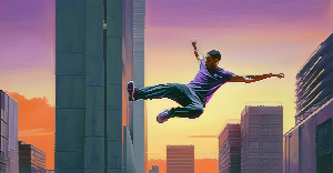 A parkour athlete jumping over an obstacle in a colorful urban environment at sunset.