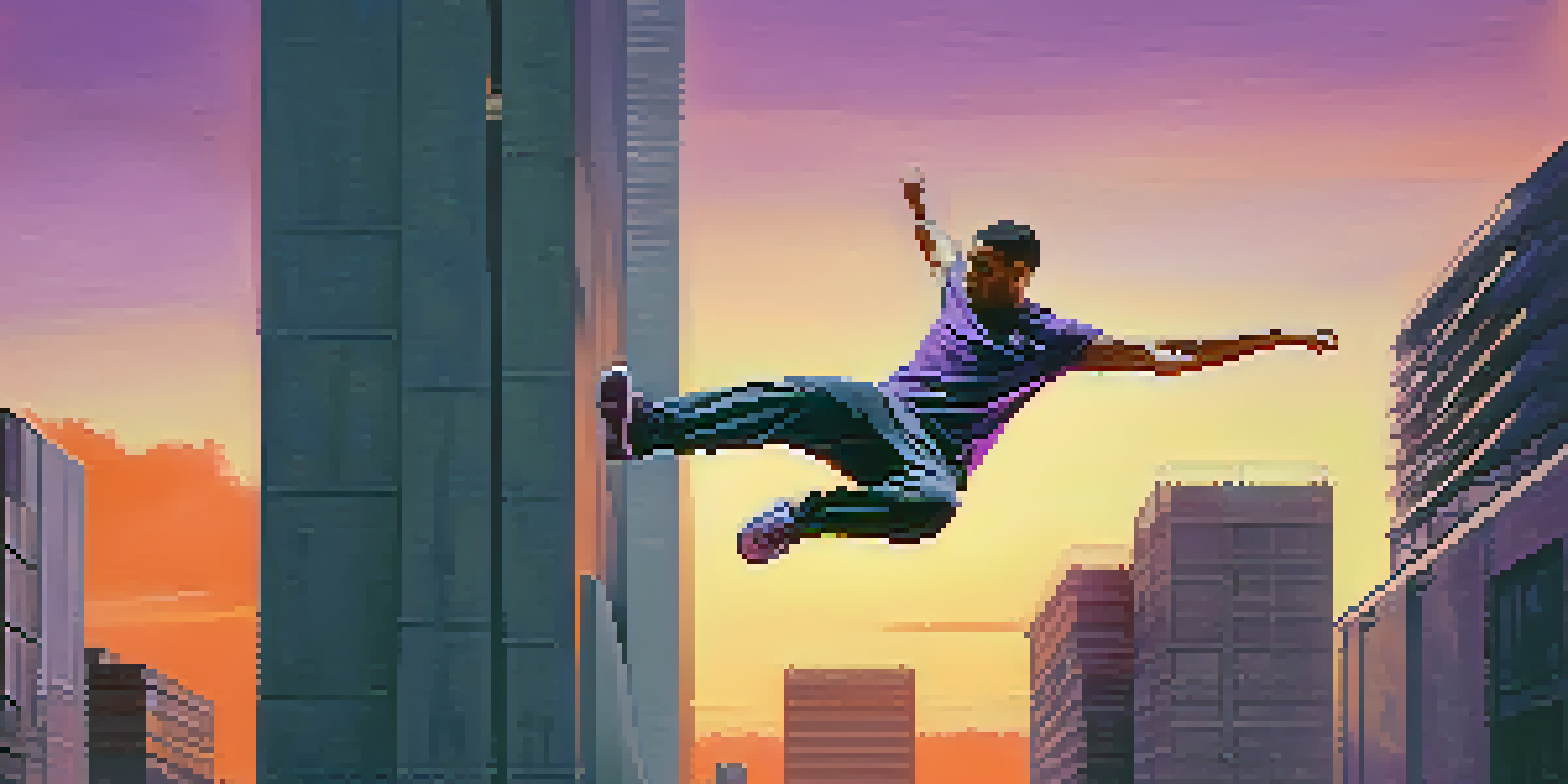 A parkour athlete jumping over an obstacle in a colorful urban environment at sunset.
