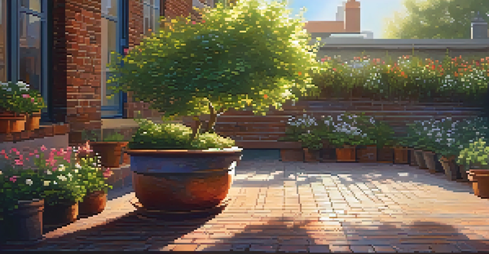 A small urban patio with a dwarf apple tree in a decorative pot, surrounded by colorful flowers and herbs, bathed in sunlight.