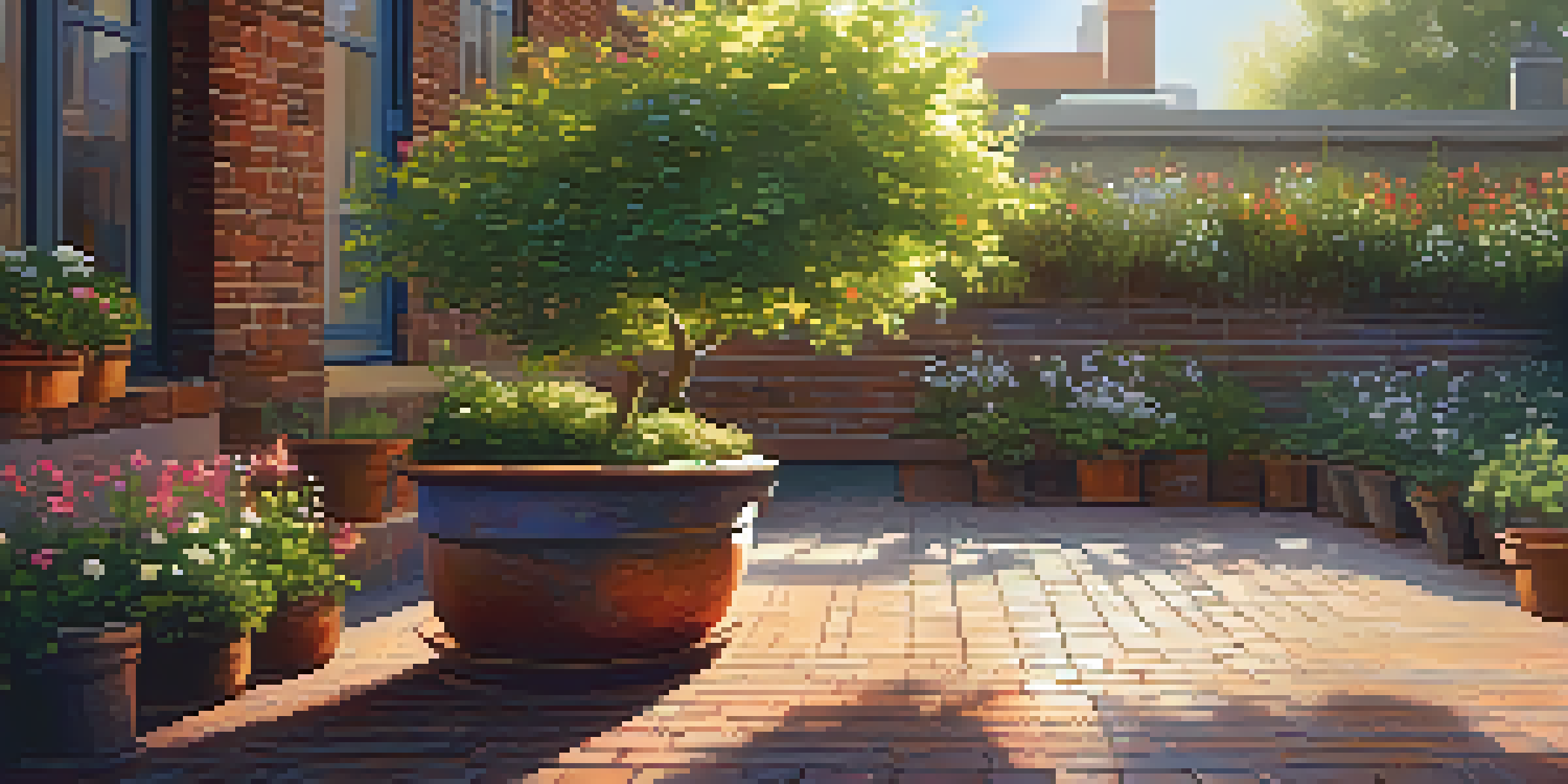 A small urban patio with a dwarf apple tree in a decorative pot, surrounded by colorful flowers and herbs, bathed in sunlight.