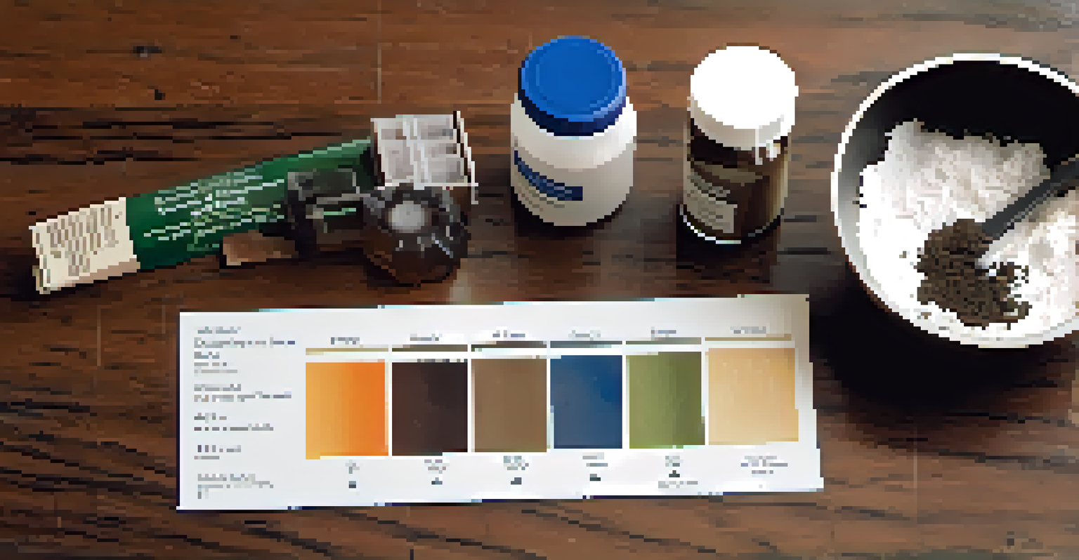 An overhead view of a soil testing kit with pH test strips next to a sample of dark, crumbly soil on a wooden table.